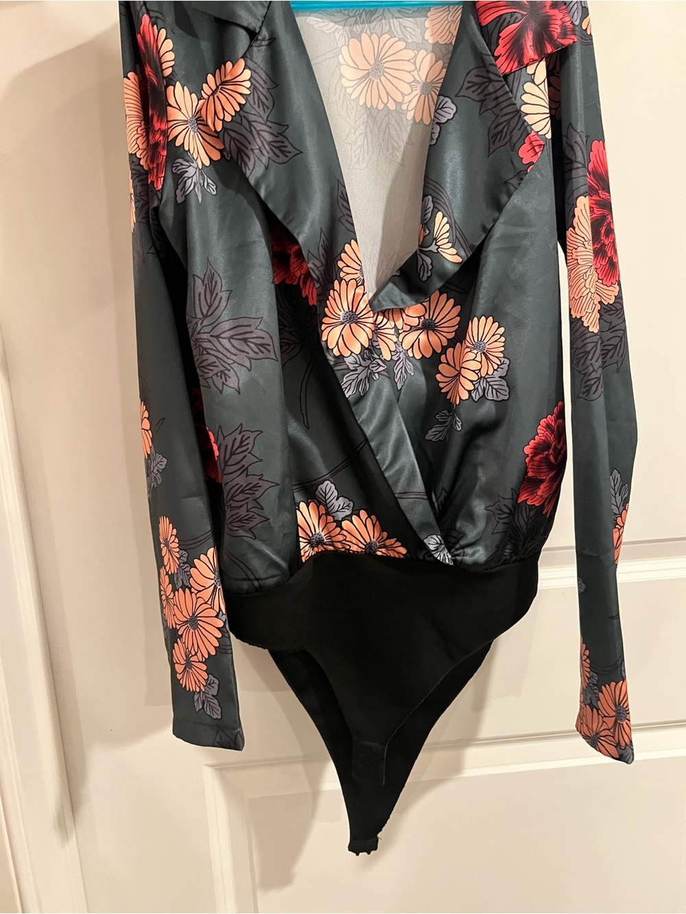 Floral Satin Surplice Bodysuit - Black with Peach & Red Flowers